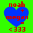 Blue heart-shaped icon with red text 'noah + megan =' and '<333' on green background, showing pixelated animation changes
