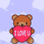 Pixelated brown teddy bear with red hearts and 'I LOVE U' text on a light purple cloud background.
