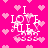 Pixelated pink background with scattered light pink hearts and white text reading "I LOVE ALL" in blocky letters, accompanied by small floral or decorative elements.