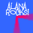 Blue background with four white 'ALANA ROCKS!' text blocks and a red gradient frame that shifts position across frames.