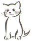 Black-and-white line drawing of a seated cat with whiskers, tail curled right, varying facial expressions across three vertical
