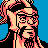 Pixelated 48x48 static icon of a character with long hair, glasses, and beard against blue background.