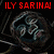 Red pixelated text 'ILY SARINA' above a dark, blurry figure with glowing eyes and swirling lines on black background.