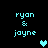 Pixelated cyan text 'ryan & joyne' appears in four positions on a black background with heart symbols changing color.
