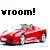 Pixelated red vehicle with motion blur effects and black text reading 'vrooom!' above it on a white background.
