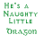 Green pixelated text reads 'He's a Naughty Little Dragon' on white background with partial green dragon head visible on gray right side.