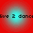 Red background with four cyan circular gradients arranged in a , each containing pixelated text reading "live 2 danc"