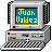 Four pixel-art computer monitors on a gray background, each with a teal screen displaying distinct content including text and graphics.