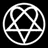 Two side-by-side circular geometric symbols with interlocking lines and triangles, one white on black background (left), the other black on white background (right).