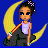 Pixel art character with dark skin and braided hair sits on a crescent moon, wearing a white top and dark pants against blue background.