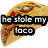 Pixelated taco slice with toppings and text overlays; first frame shows "he stole my taco" while second adds "and i like white meat" and a play button symbol.