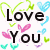 Pixelated icon with 'Love You' text and colorful hearts on white background, transitioning to 'ily<3' text with abstract multicolored shapes on black background.