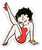 Pixelated cartoon character with black hair, red shoes, and a red dress striking a dynamic pose against white background.