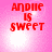 Red text reading 'ANDIE IS SWEET' on a pink background with white light effects, displayed in four quadrants.