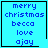 Four identical blue square with pixelated text reading 'merry christmas becca love ajay' and a single black heart symbol in the top-right corner of one