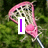 Six identical pink lacrosse sticks with white mesh netting arranged in a on green grass background, overlaid with purple text phrases