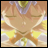 Pixelated anime-style character with closed eyes and flowing hair, wearing a yellow and white outfit with purple accents, set against a black background with text.