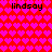 Red background with repeating pink heart pattern and four instances of the text 'lindsay' in black pixelated font.