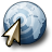 Pixelated cursor icon with brown and white arrow pointing at blue and white sphere on gray background