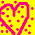 A static pixel art icon featuring a large pink heart outline on a bright yellow background, surrounded by scattered small pink plus signs.