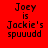 Four pixelated text display "Joey is Jackie's spuuudd" in different background colors