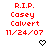 Red text memorializing Casey Calvert with date 11/24/07 on white background, featuring pixelated heart and downward arrow symbols in different positions across frames.