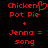 Red pixelated text on black background shows 'Chicken' with a heart symbol replacing the letter O, followed by 'Pot Pie', then '+' and 'Jenna = song'.