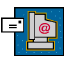A computer monitor with a red @ symbol on screen, surrounded by a blue dotted background and yellow border, with a white envelope-like shape moving left to right across the monitor.