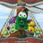 Animated scene with green vegetable character holding yellow flowers under a net, blue bird-like character in background, and group of vegetable characters on white background.