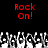 Red 'Rock On!' text appears above a pixelated crowd of raised hands on a black background.