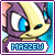 Pixelated cartoon character with purple and yellow fur, blue eyes, pink inner ears, and a light blue dotted background; text label reads MAZZEW.