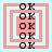 Four identical square arranged in a , each containing a vertical stack of 'OK' text with nested pink and light blue borders