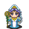 Pixel art character with purple hair, blue and white dress, golden crown, holding yellow wheel staff; three expressions shown.