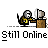 Pixel art of a character at a desk with a computer, showing animation states including alert, sleeping, and idle.