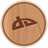 Circular wooden icon with brown border and pixelated brown symbol resembling a stylized 'D' or abstract shape on light brown background.