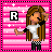 Pixel art of a girl with long brown hair, white crop top, black checkered pants, and pink background with stars.