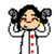 Pixelated character with black hair styled in large side buns, red eyes, and a white outfit featuring three vertical red squares on the chest.