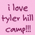 A four- of pixelated text and graphics on a pink, blue, and gray background with visible text reading "i love tyler hill camp!!!" and "TYLER HILL"