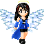 Pixelated angel character with black hair, blue coat, and white wings in six sequential poses showing wing spread and head turn.
