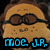 Pixelated image of a character with brown hair, dark sunglasses, and blue text reading "MOE JR." at the bottom.