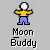 Pixelated character with white head, yellow shirt, blue pants in multiple poses beneath "Moon Buddy" text on gray background.