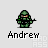Pixelated green armored figure holding a rifle, with four showing weapon firing animation and text "Andrew" below
