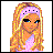 Pixel art character with long blonde hair and a headband alongside pink text on white background in contact sheet layout