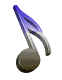A musical note icon with a blue-to-silver gradient stem and brown oval head rotates through multiple angles against a gray background.