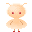 Pixelated character with peach skin, red eyes, and small antennae stands against gray background with floating shapes.