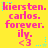 Yellow background with pink text reading "kiersten. carlos. forever. ily. <3" and small blue star-like shapes, repeated in a pattern