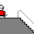 Pixelated animation of a red-shirted figure descending stairs with motion effects, ending with 'Nut-It' text.