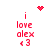 Red pixel art displays "i love alex <3" text with a heart symbol above and a starburst pattern to the right, alternating between static and animated states.