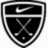 Black and white shield-shaped icon with Nike swoosh, crossed golf clubs, and a small dot inside.