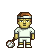 Pixel art of a male tennis player holding a racket, wearing a white outfit and headband against a gray background.